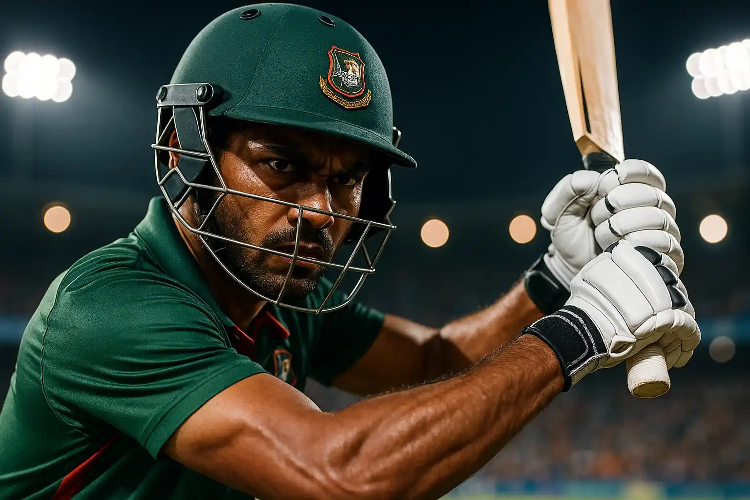 Ultra-realistic close-up of Bangladeshi cricket batsman in aggressive batting stance