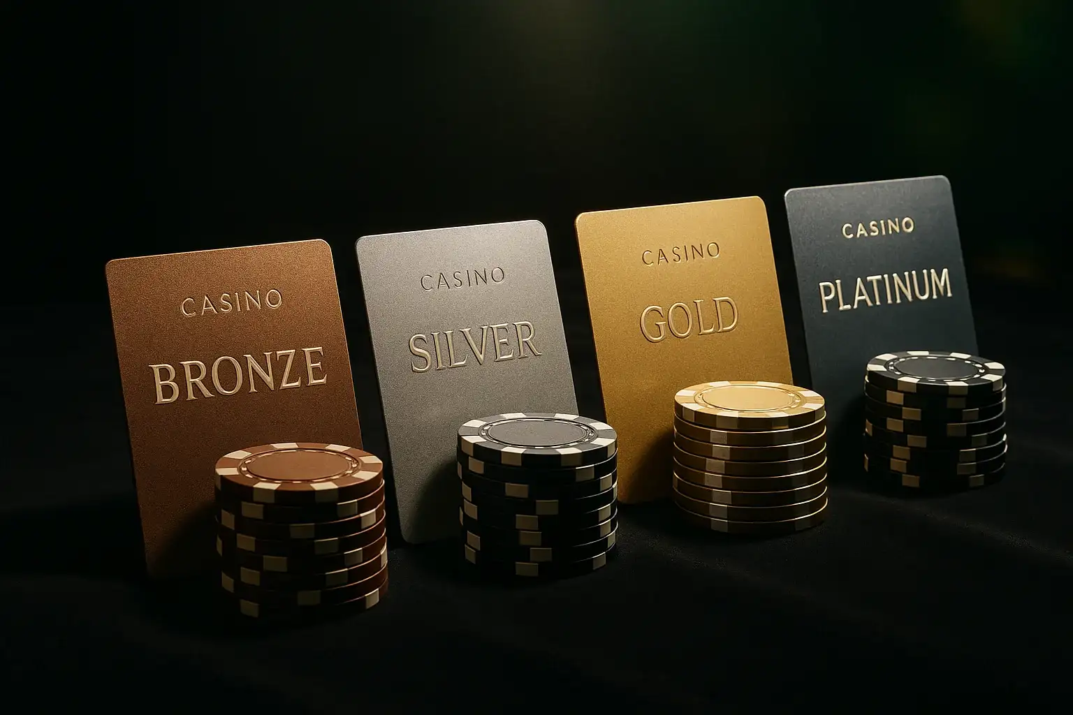 Elegant casino VIP loyalty tiers with chips on dark velvet under spotlight