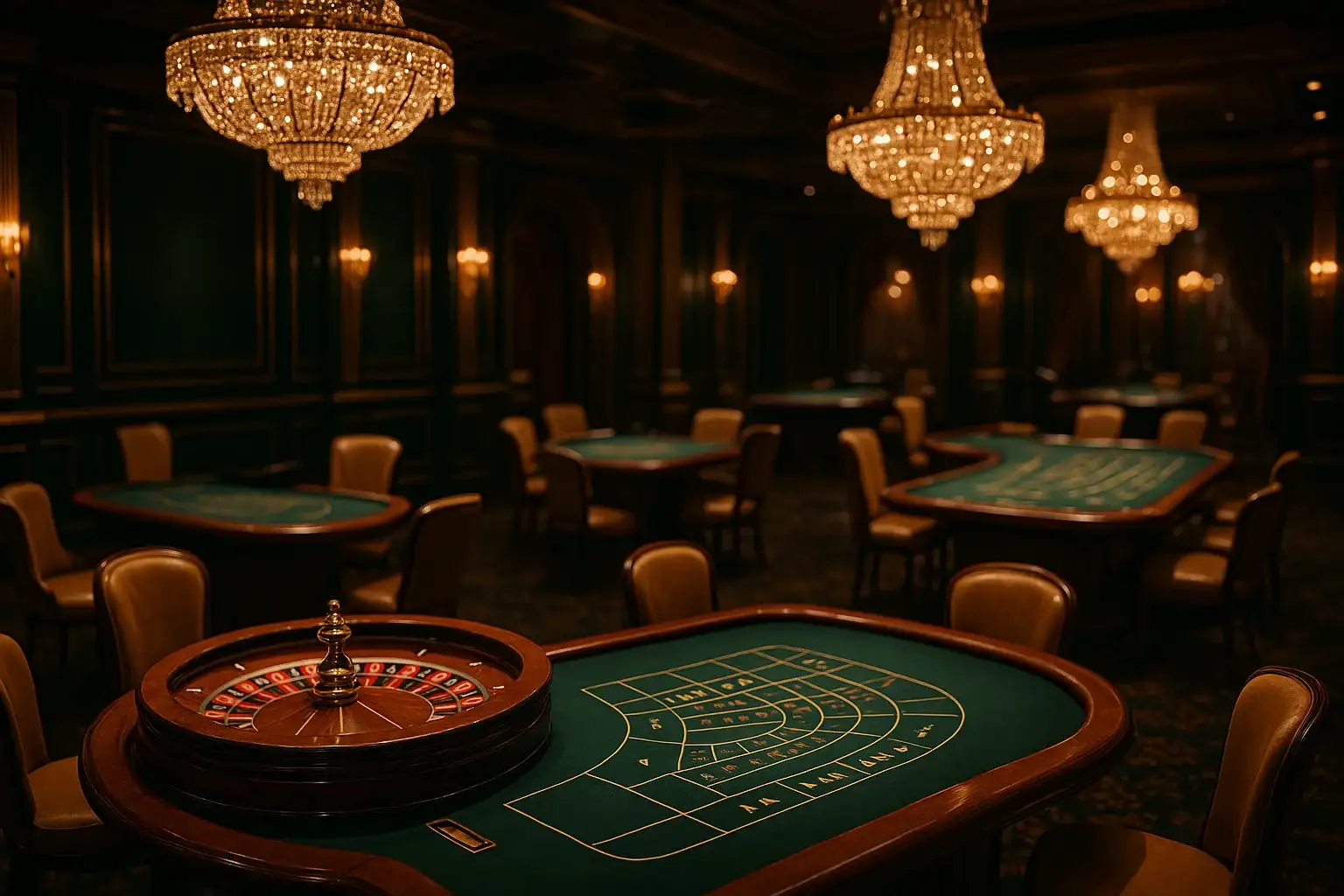 Ultra-realistic wide shot of luxury live casino studio with elegant gaming tables