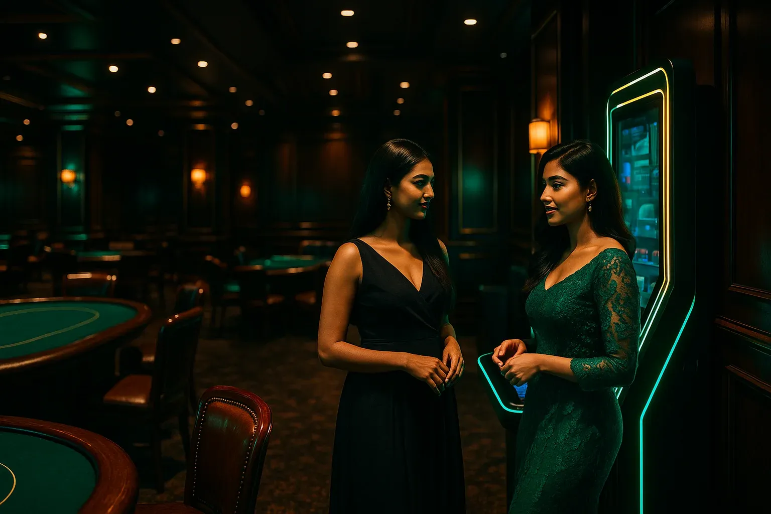 Ultra-realistic dark casino lobby in Dhaka with two elegant Bangladeshi women
