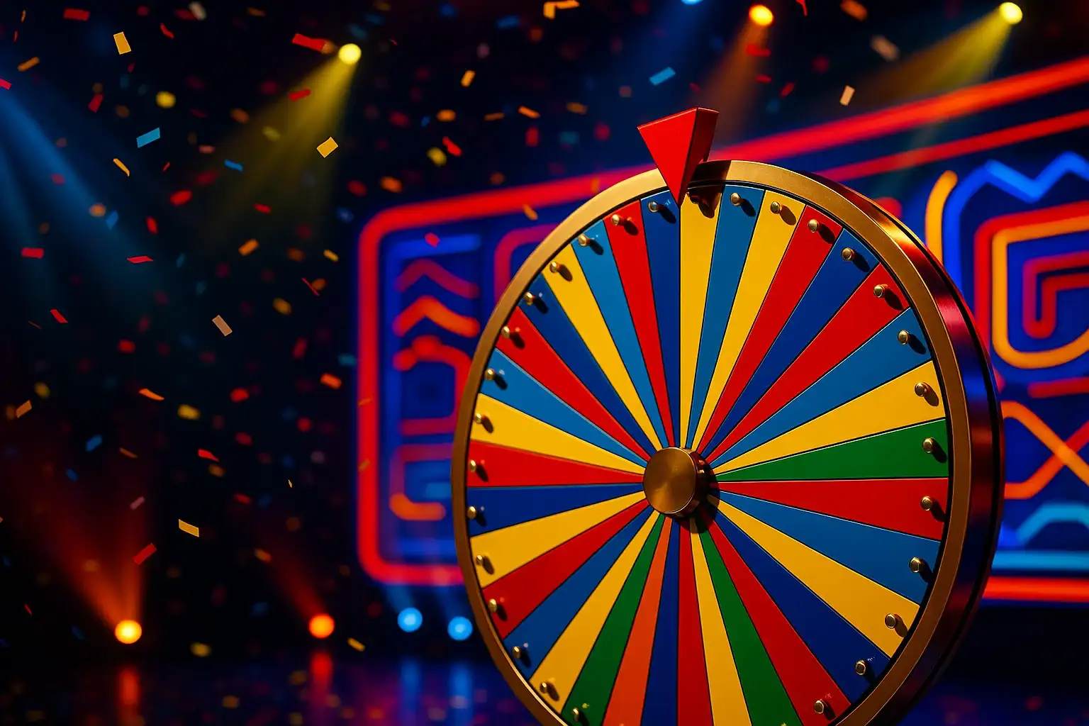 Ultra-realistic live game show studio with colorful spinning money wheel and confetti