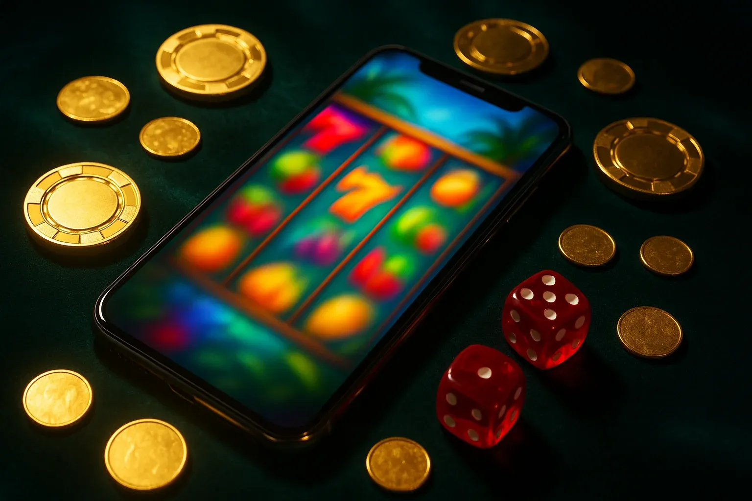 Smartphone with blurred slot game screen, gold coins, chips, dice on velvet